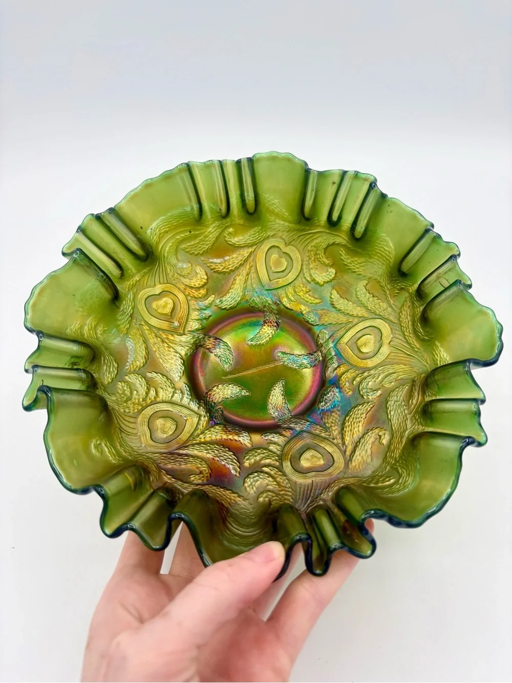 ❤️ANTIQUE FENTON Carnival Glass Heart And Vine Bowl Pre Logo Iridescent Gift